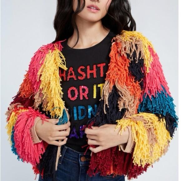 Alice and Olivia Fawn Rainbow Fringe Colorblock Jacket Size L NWT - Picture 3 of 13